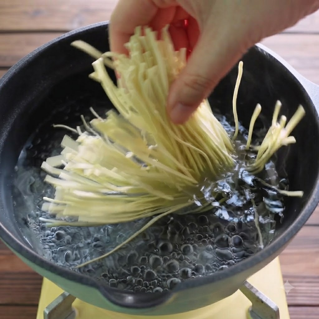 Una mano colocando un paquete de fideos de ramen frescos en una olla con agua hirviendo.