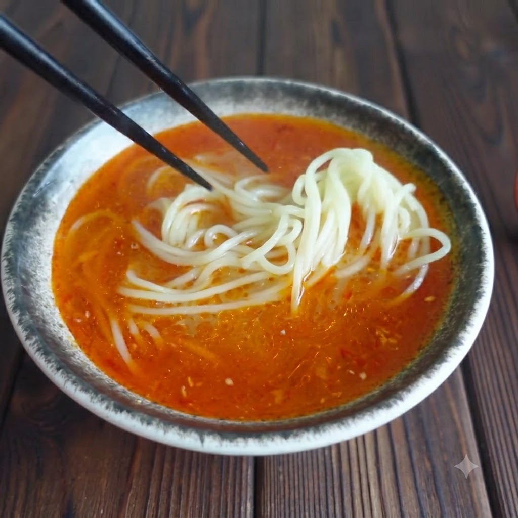 Palillos colocando rodajas de carne sobre fideos sumergidos en una base de sopa roja.