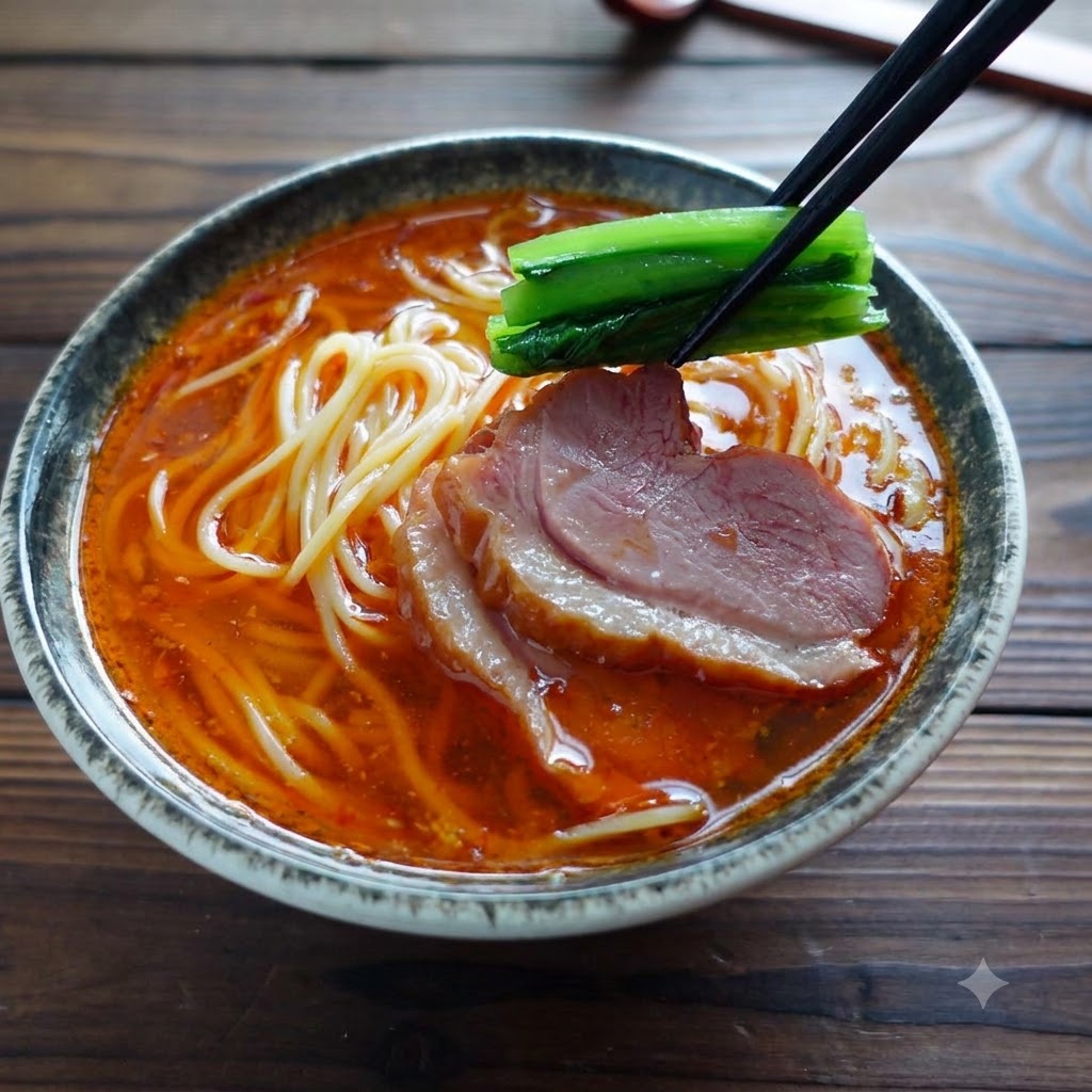 Palillos sosteniendo verduras verdes sobre un tazón de ramen cubierto con carne en rodajas.