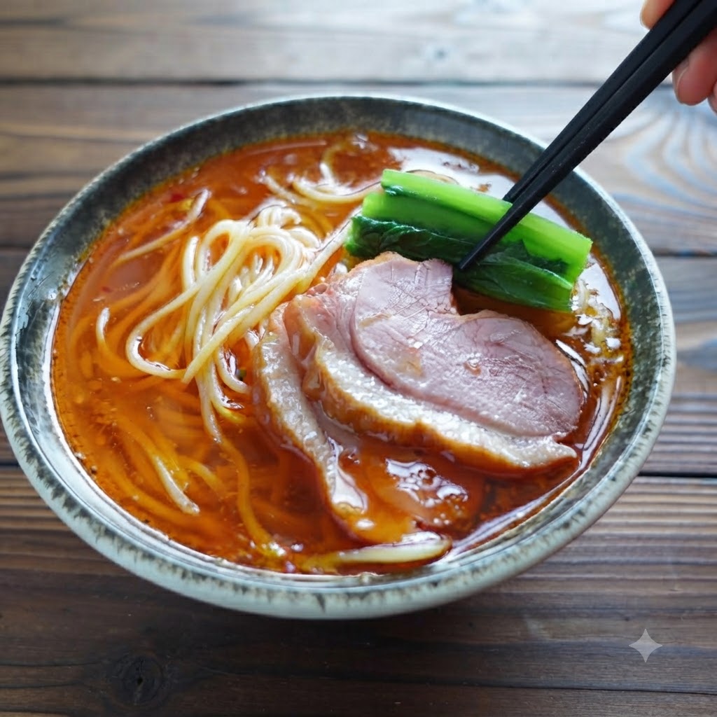 Brotes de bambú colocados en un tazón de ramen usando palillos.