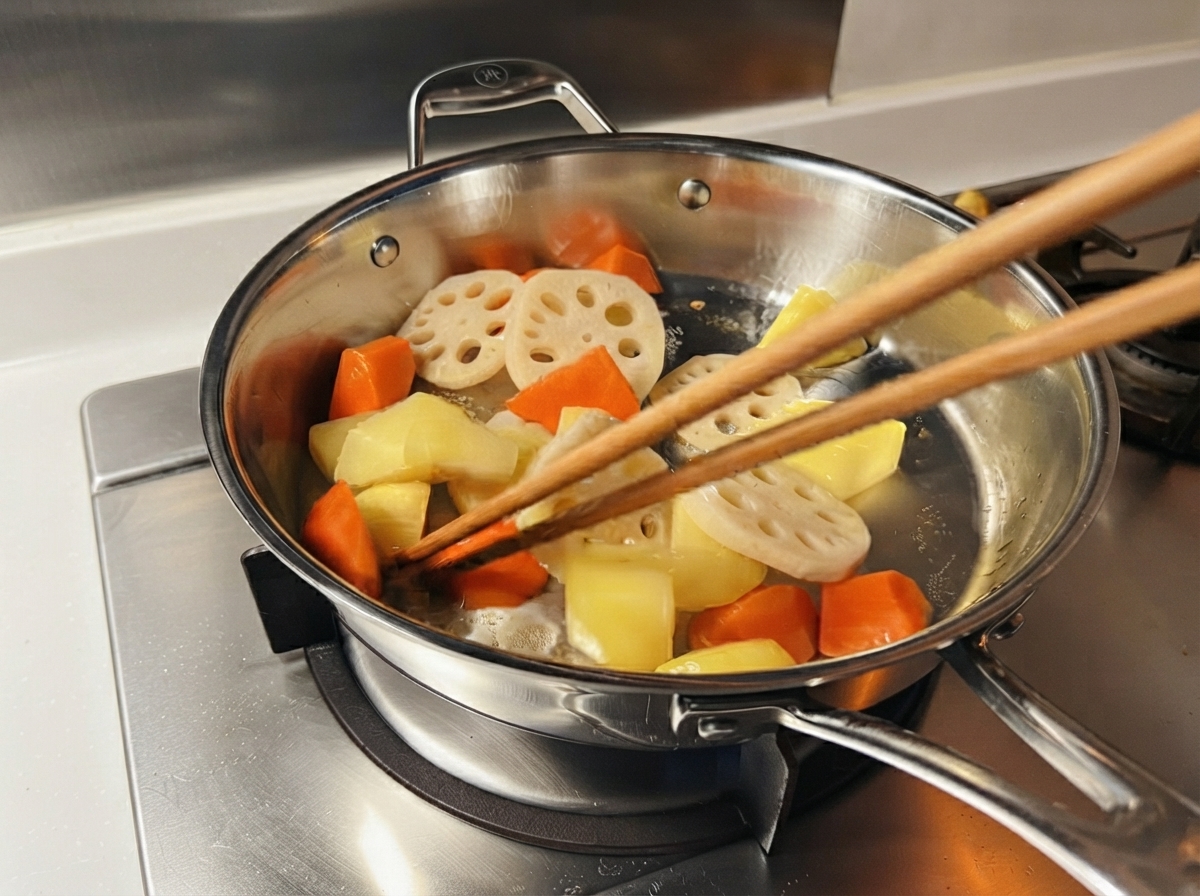 Rodajas de verduras siendo removidas en una sartén de acero inoxidable sobre un quemador con palillos.