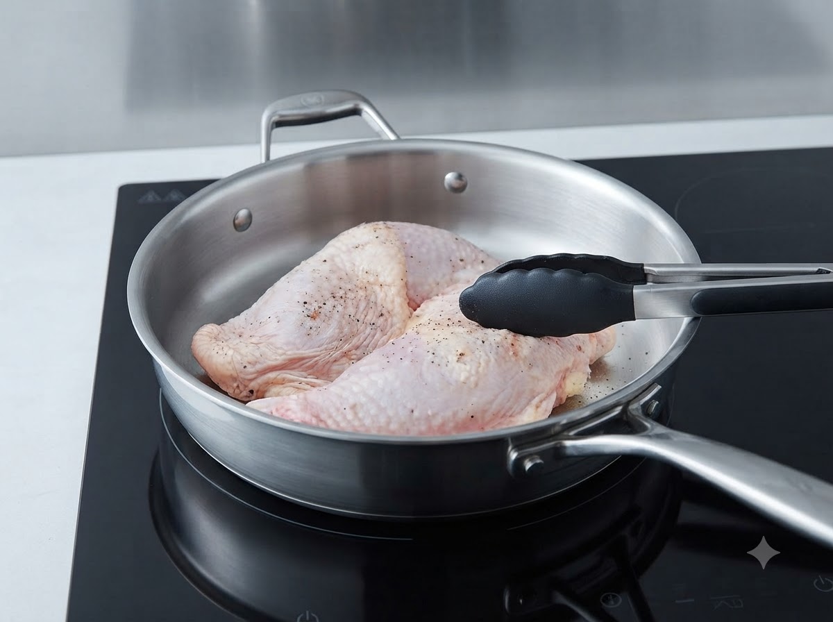 Piernas de pollo sazonadas friéndose en una sartén de acero inoxidable y manipuladas con pinzas negras.