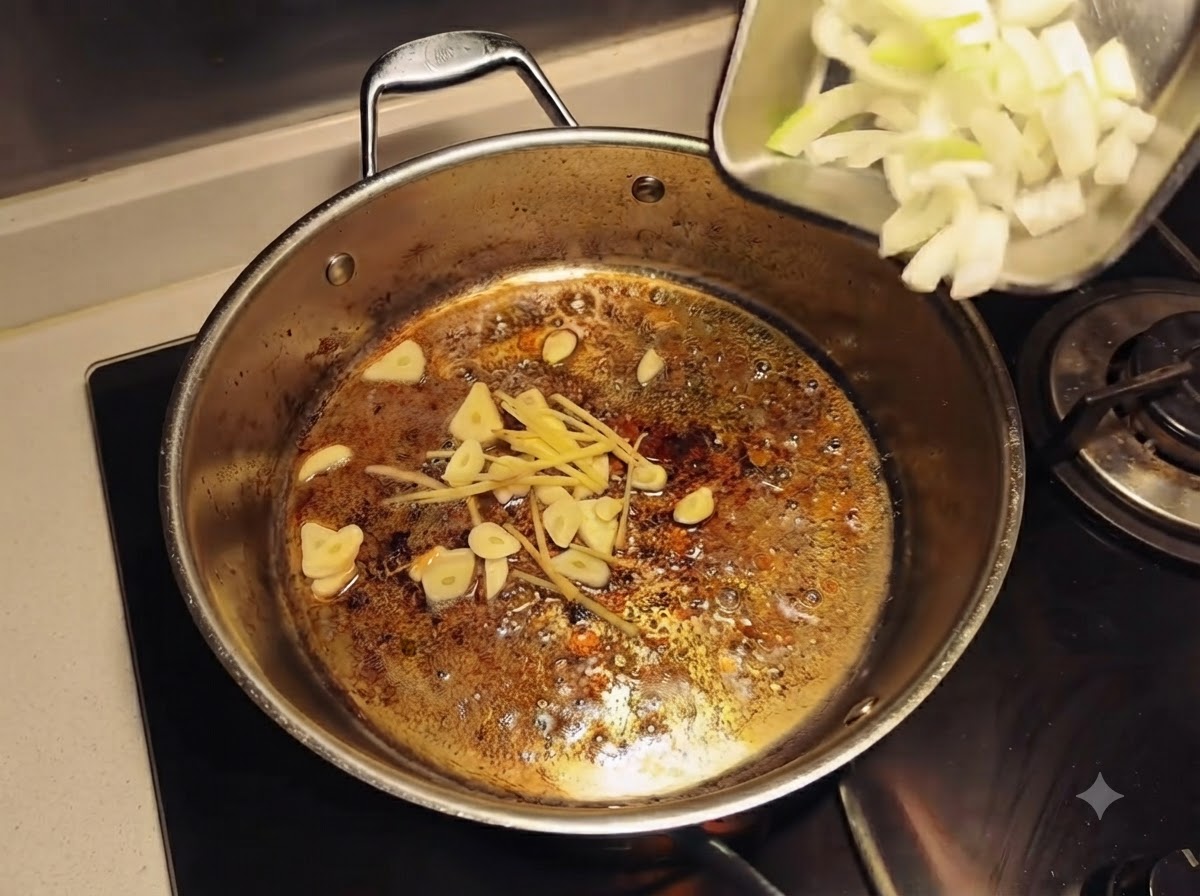 Cebollas en rodajas siendo vertidas desde una bandeja pequeña a una sartén con ajo y jengibre chisporroteando en aceite.