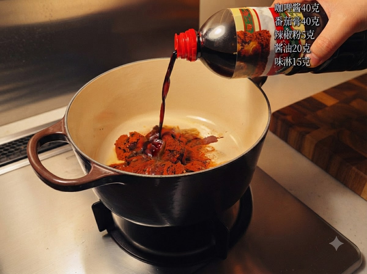 Salsa oscura siendo vertida desde una botella en una olla que contiene pasta de curry y especias sobre una estufa.