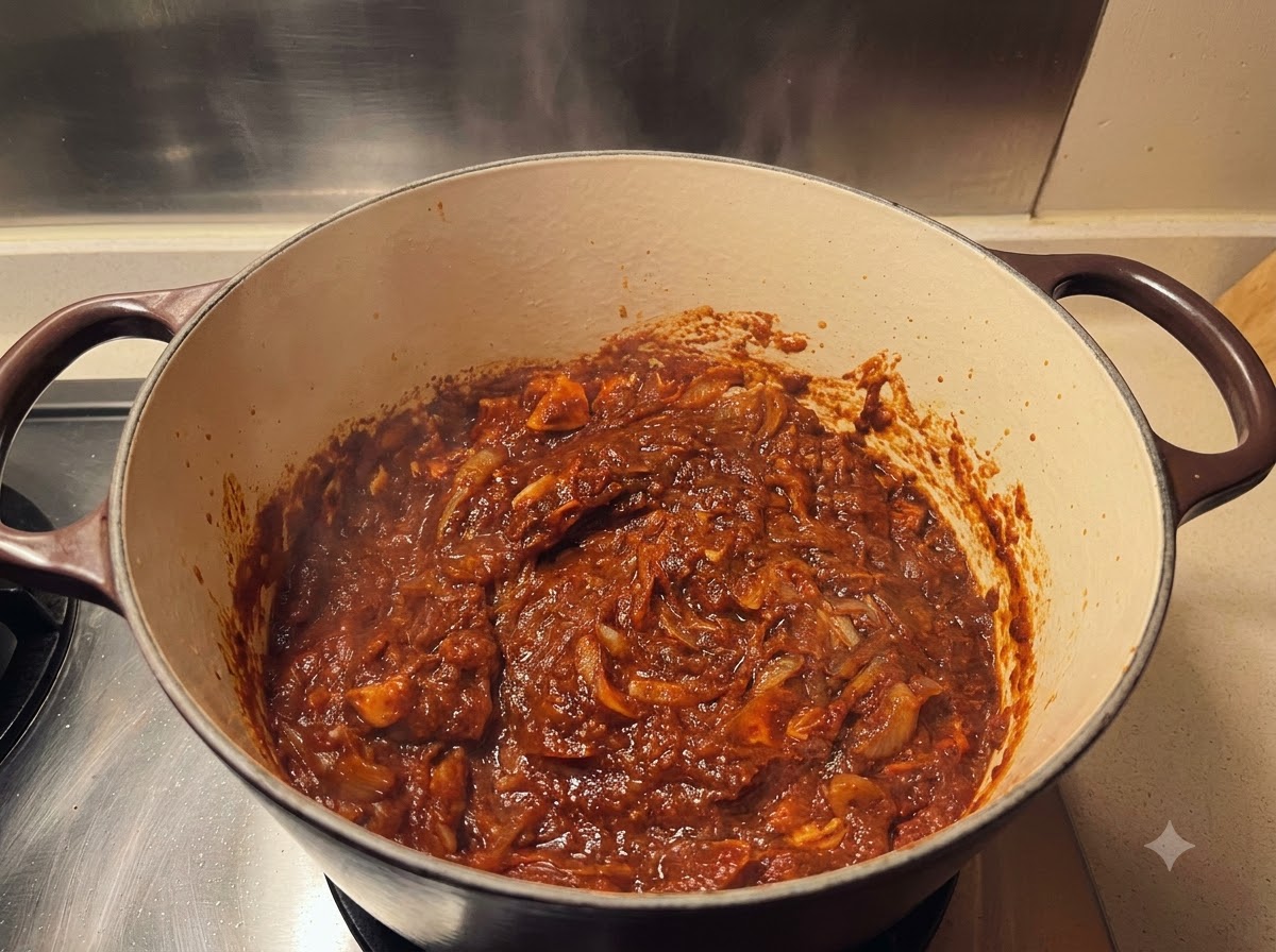 Caldo líquido siendo vertido en una olla grande llena de una base de curry espesa y oscura.
