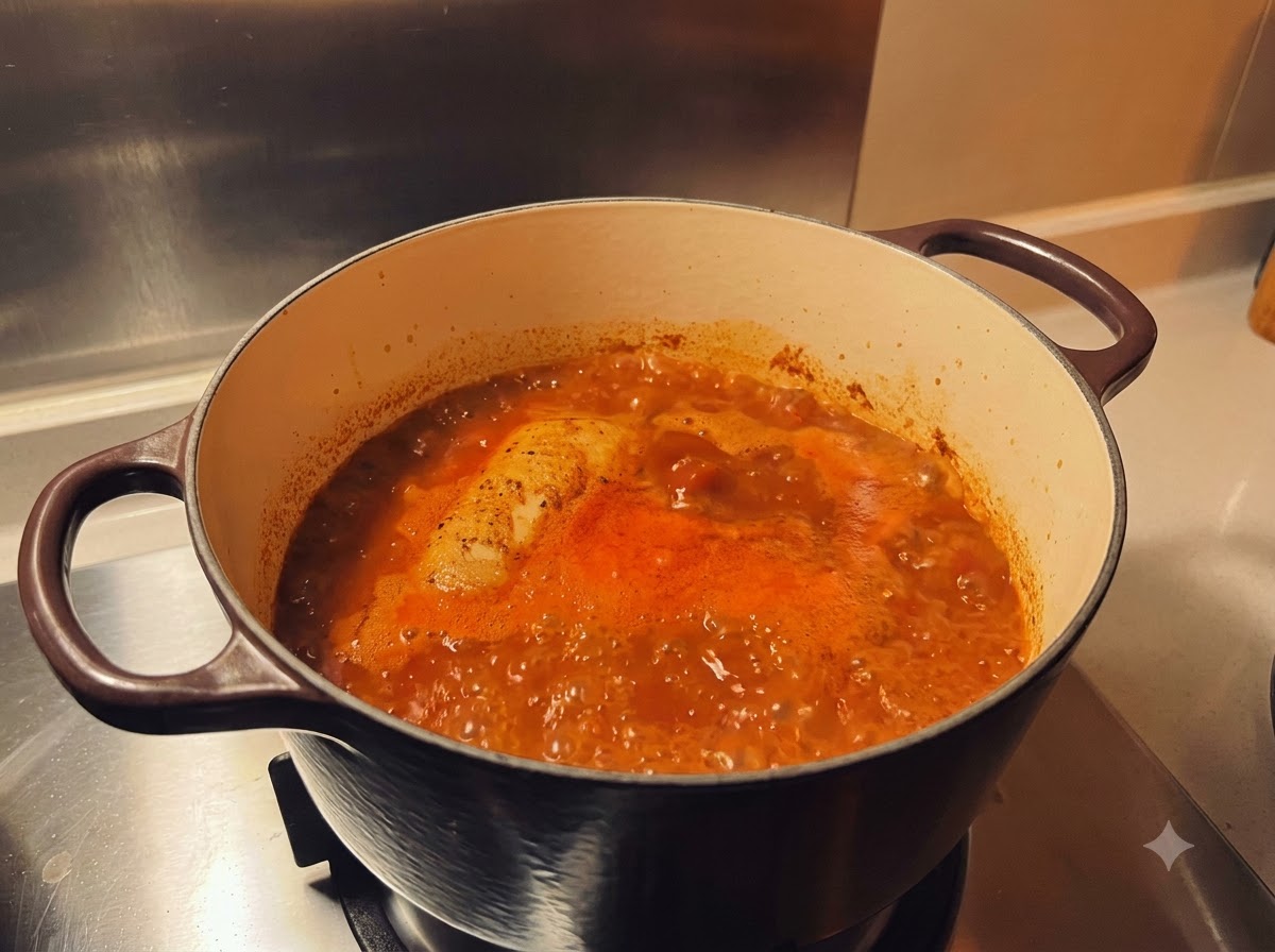 Una sola pierna de pollo sumergida en un caldo de curry burbujeante de color rojo anaranjado dentro de una olla.