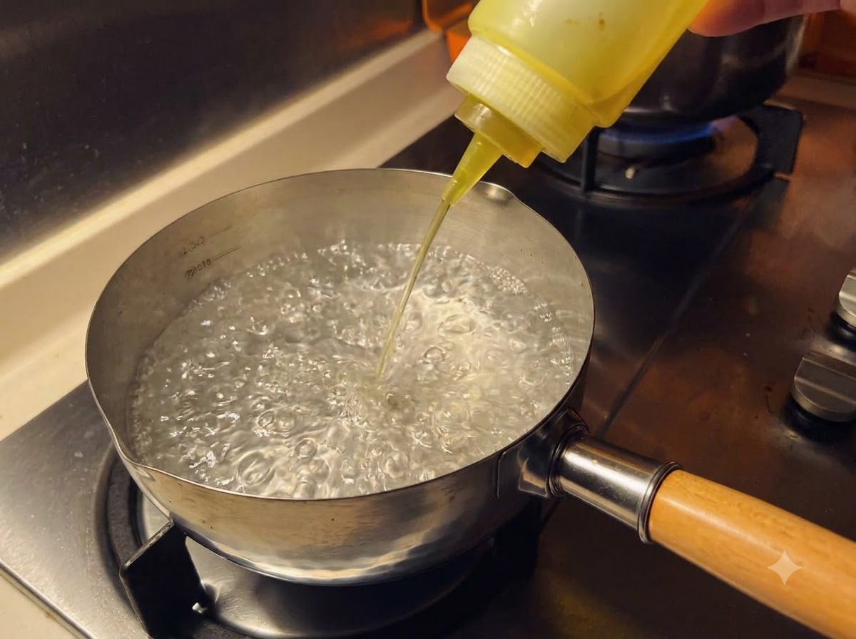 Aceite de cocina siendo vertido desde una botella dosificadora en una olla pequeña con agua hirviendo en una estufa.