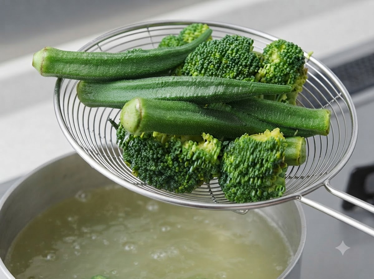 Un colador de malla de alambre sosteniendo floretes de brócoli recién blanqueados y ocras verdes enteras sobre una olla humeante.