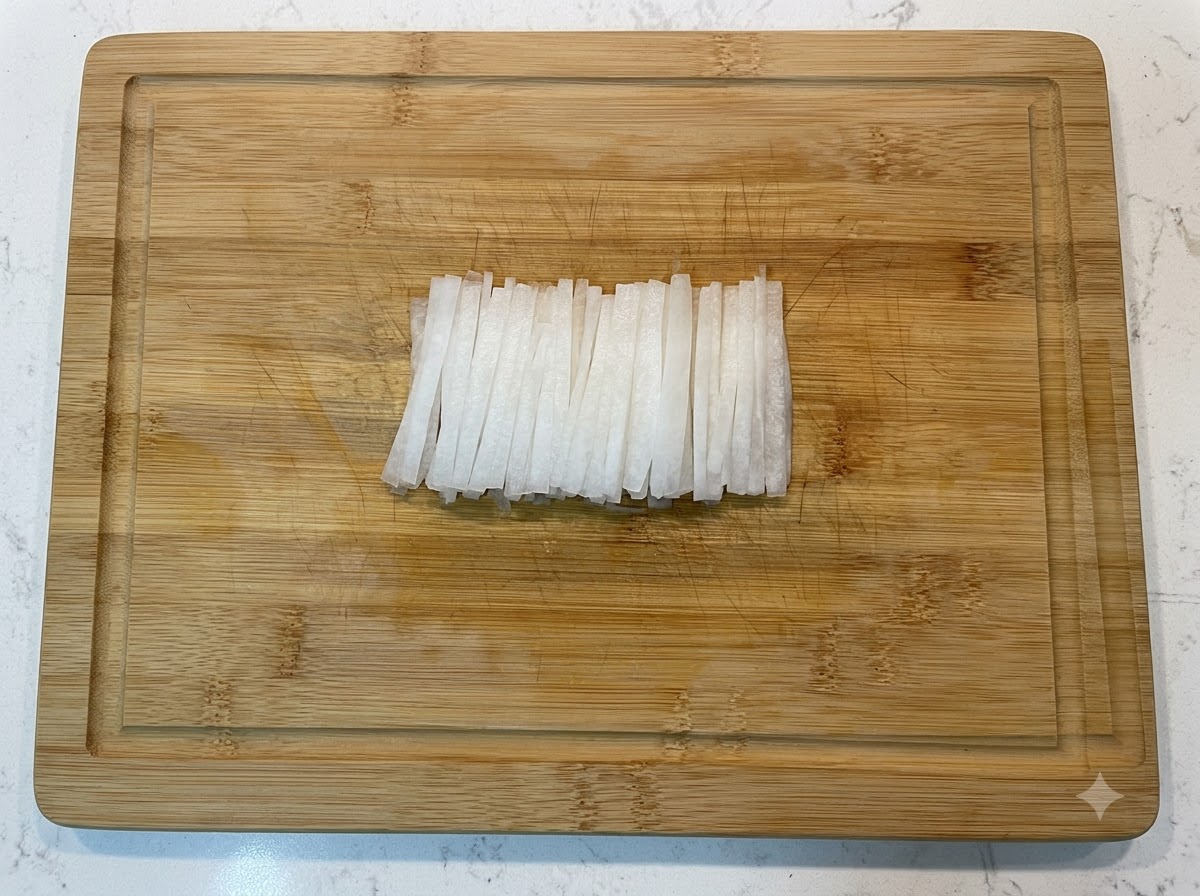 Rábano blanco cortado en rodajas finas dispuesto ordenadamente sobre una tabla de cortar de madera.