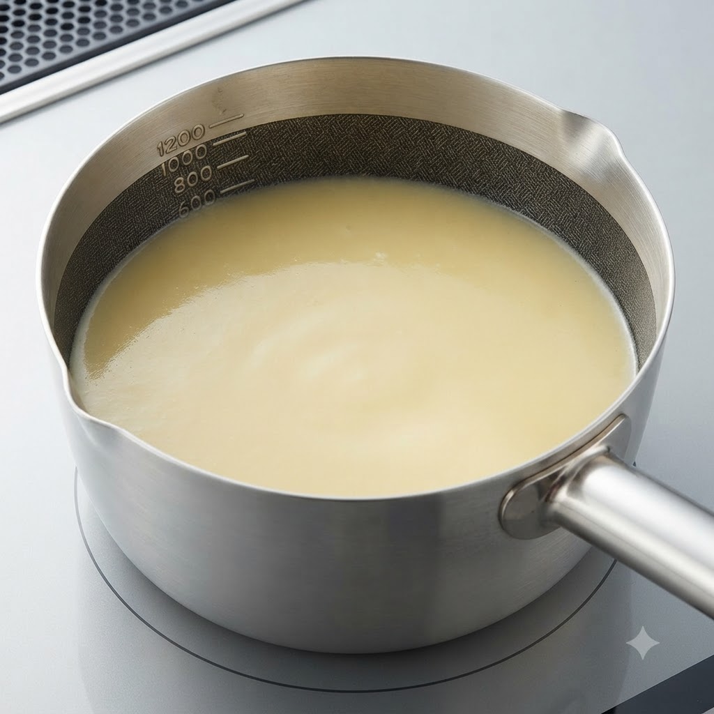 Caldo de miso blanco suave mezclándose dentro de una cacerola de metal.