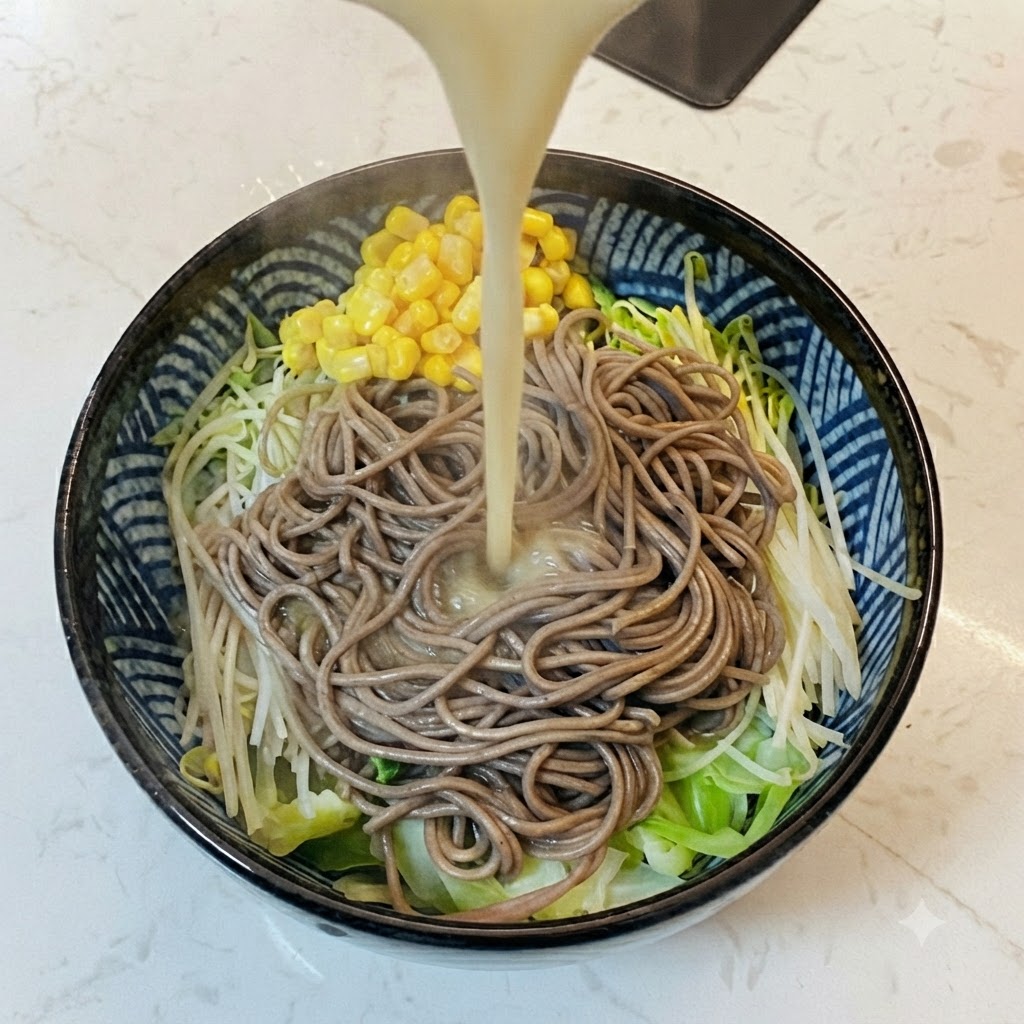 Caldo de miso caliente vertiéndose desde una jarra hacia un bol que contiene fideos de trigo sarraceno, col, brotes de soja y maíz.