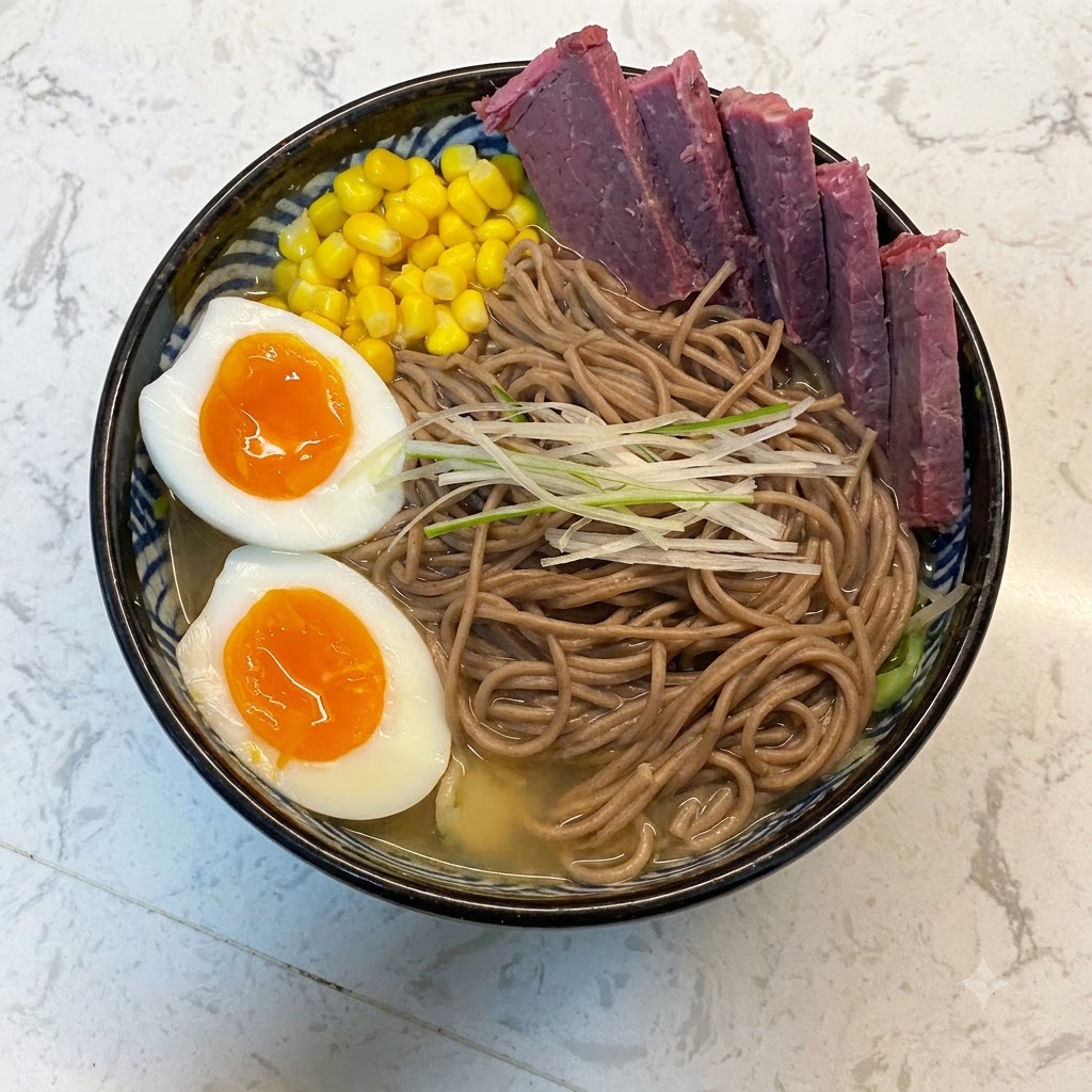 Rodajas de ternera dispuestas ordenadamente a lo largo del borde del bol de ramen sobre los fideos y la sopa.