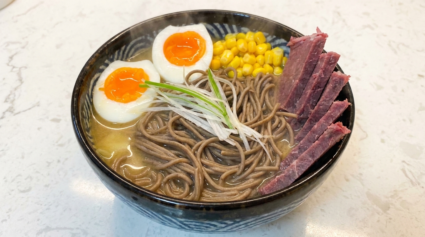 Ramen Soba Miso Bajo en Grasas con Ternera y Huevo