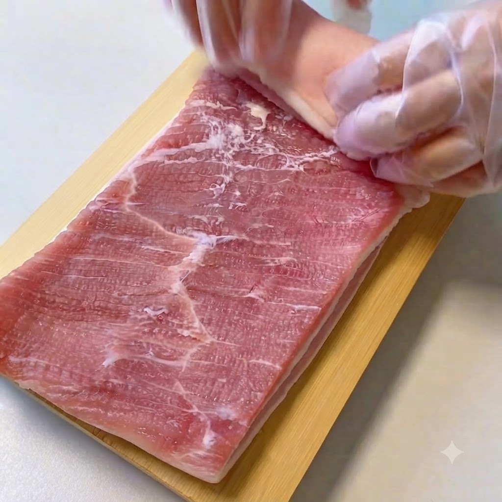 Manos con guantes protectores enrollando firmemente un trozo plano de panceta de cerdo cruda sobre una tabla de madera.