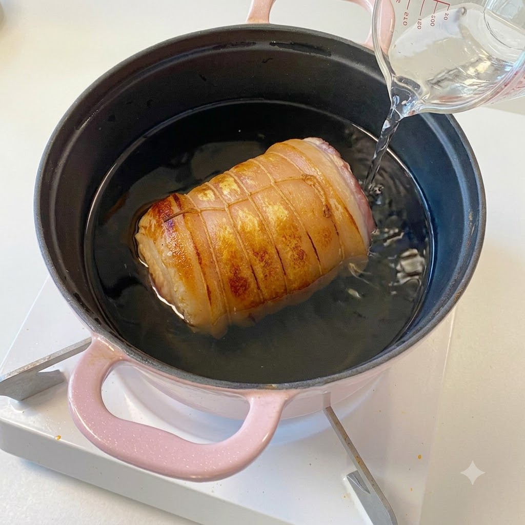 Agua y salsas de cocina vertiéndose desde una taza medidora en una olla rosa que contiene el rollo de cerdo dorado.
