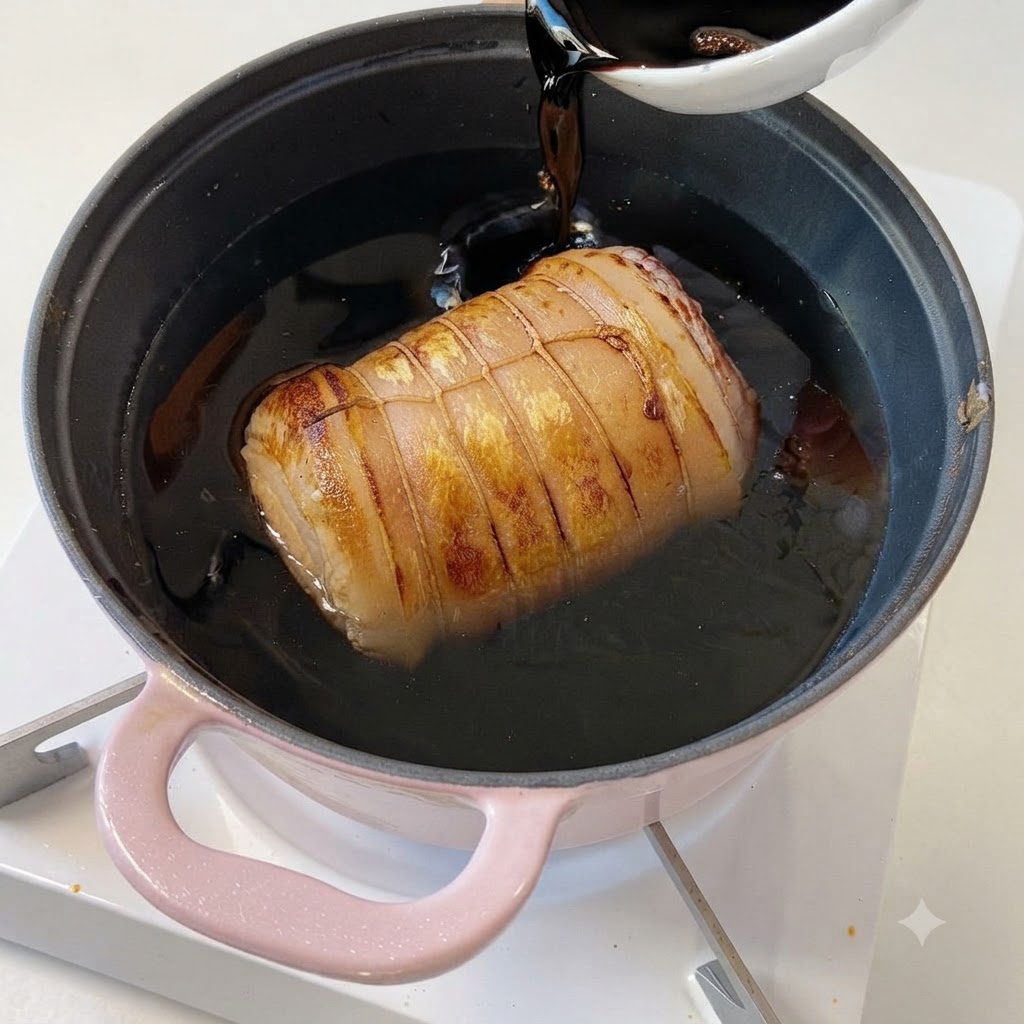 Azúcar blanco vertiéndose desde un pequeño plato blanco al líquido del estofado oscuro dentro de la olla.