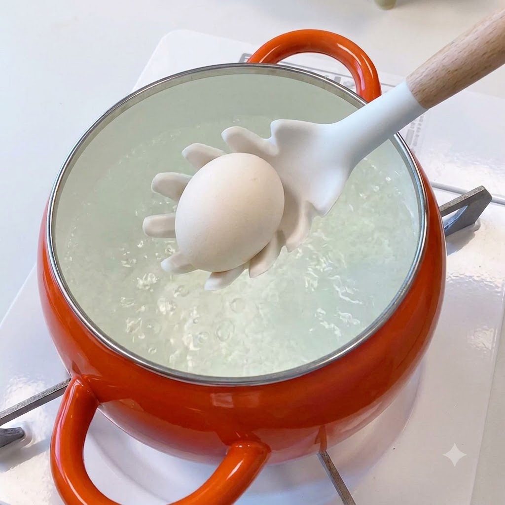 Un huevo siendo bajado con una espumadera en una olla naranja brillante llena de agua hirviendo.