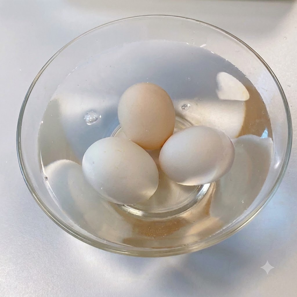 Tres huevos blancos pelados reposando dentro de un bol de cristal transparente lleno de agua fría.