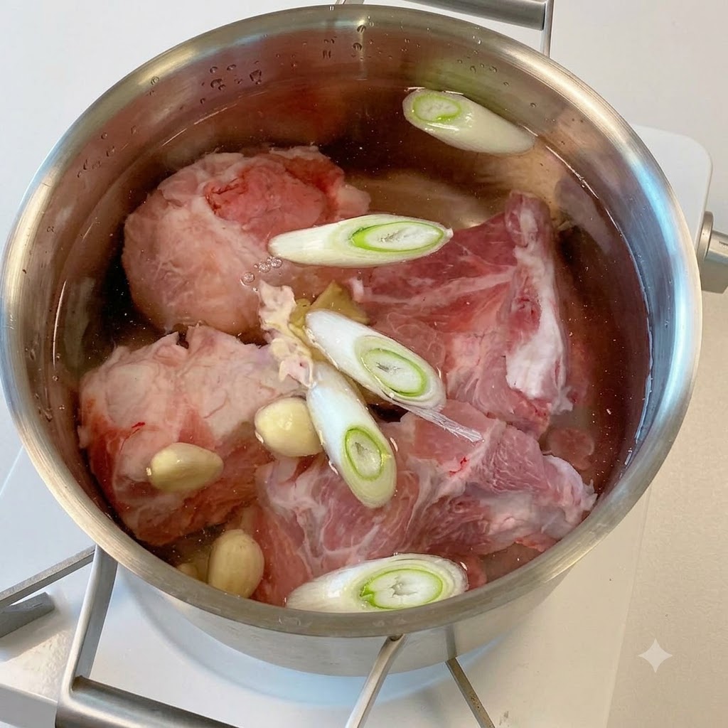 Trozos crudos de hueso de cerdo, cebolletas en rodajas y dientes de ajo en una olla con agua.
