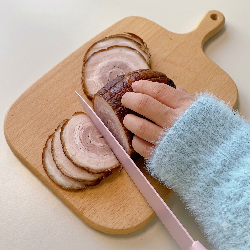 Una mano usando un cuchillo rosa para cortar un rollo de cerdo chashu estofado sobre una tabla de cortar de madera en rodajas perfectas.