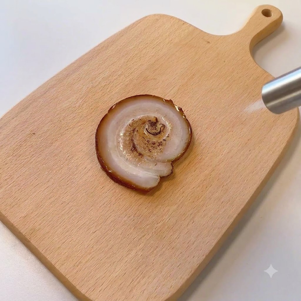 Un soplete culinario siendo utilizado para dorar la superficie de una sola rodaja de cerdo chashu sobre una tabla de madera.