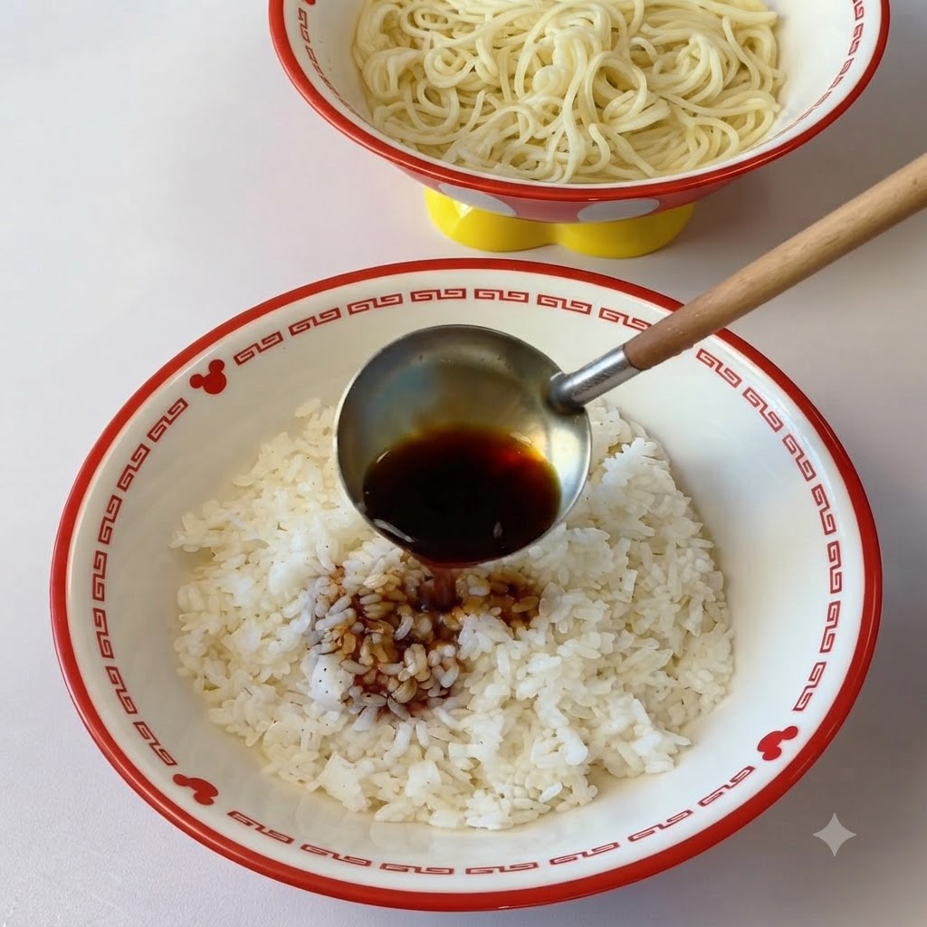 Un cucharón vertiendo salsa de condimento oscura y caldo de carne sobre un tazón de arroz blanco cocido.