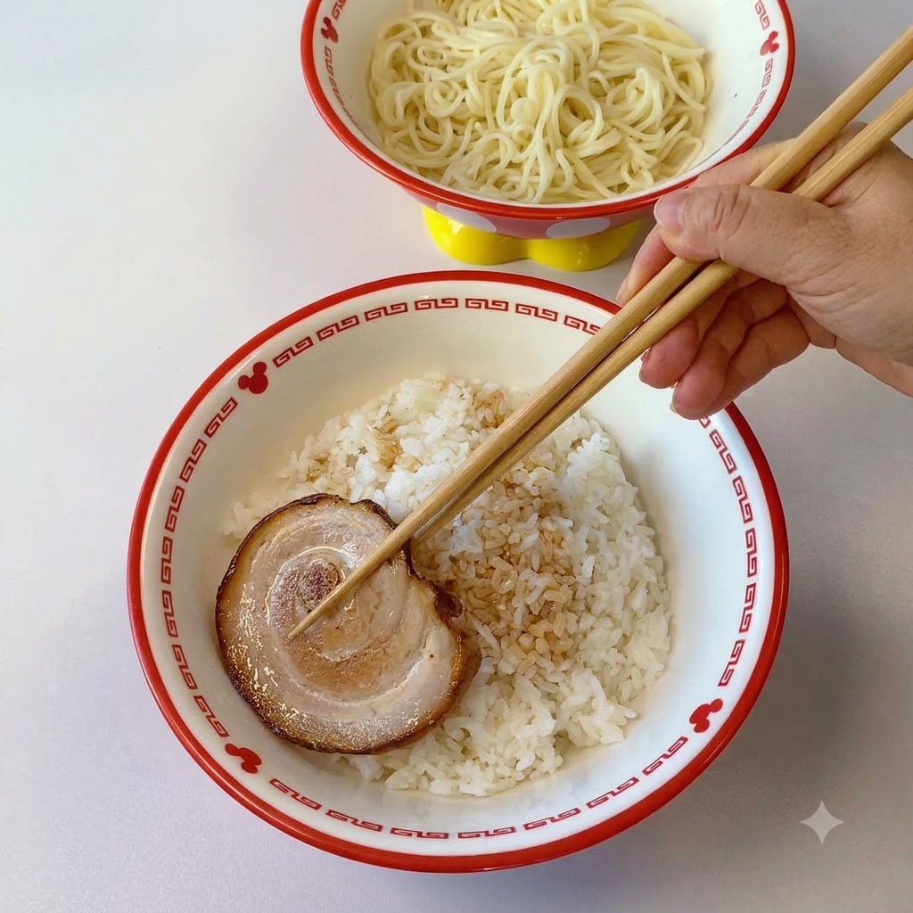 Palillos colocando una rodaja de cerdo chashu en el tazón de arroz sazonado.