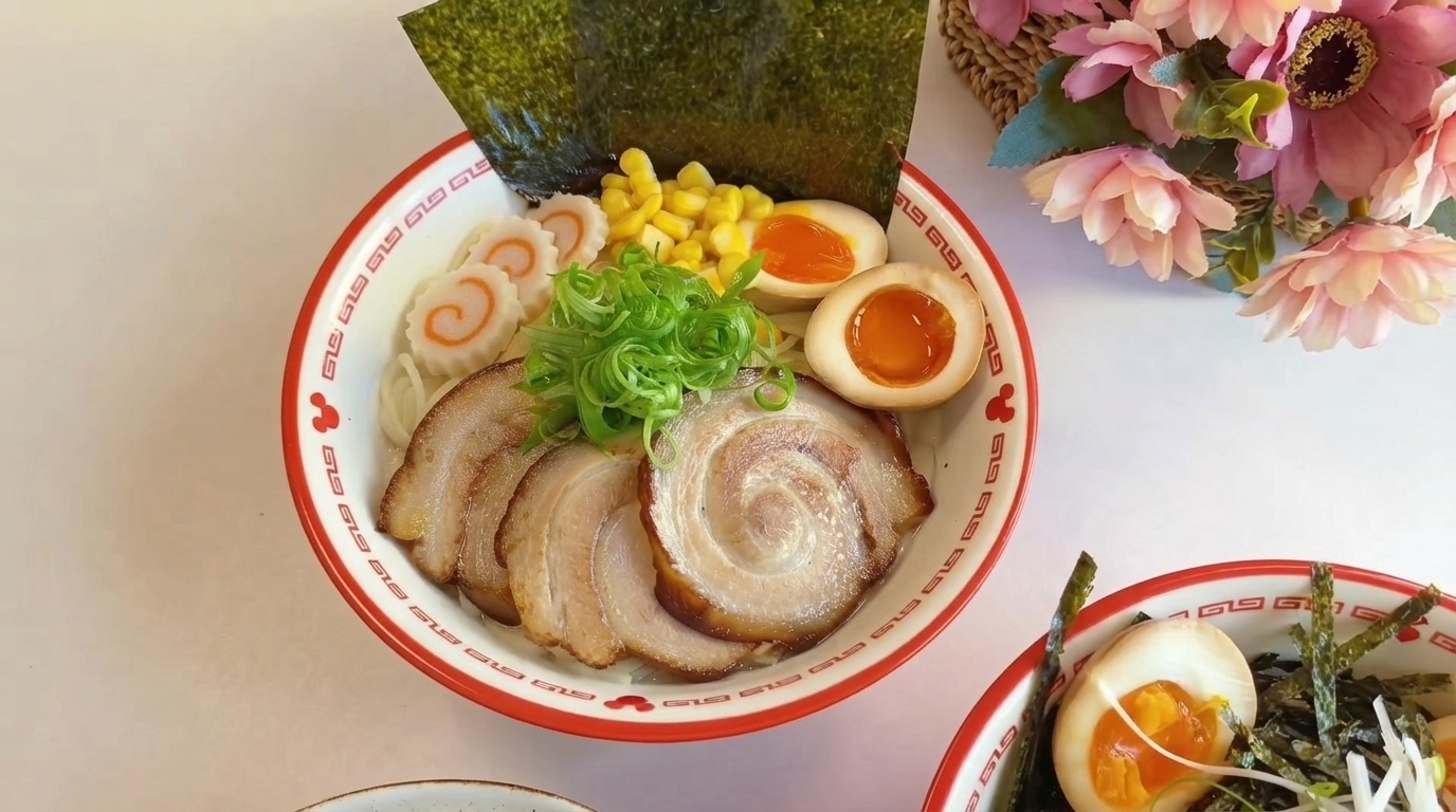 Un vibrante tazón de tonkotsu ramen japonés casero acompañado de un sabroso arroz con chashu.
