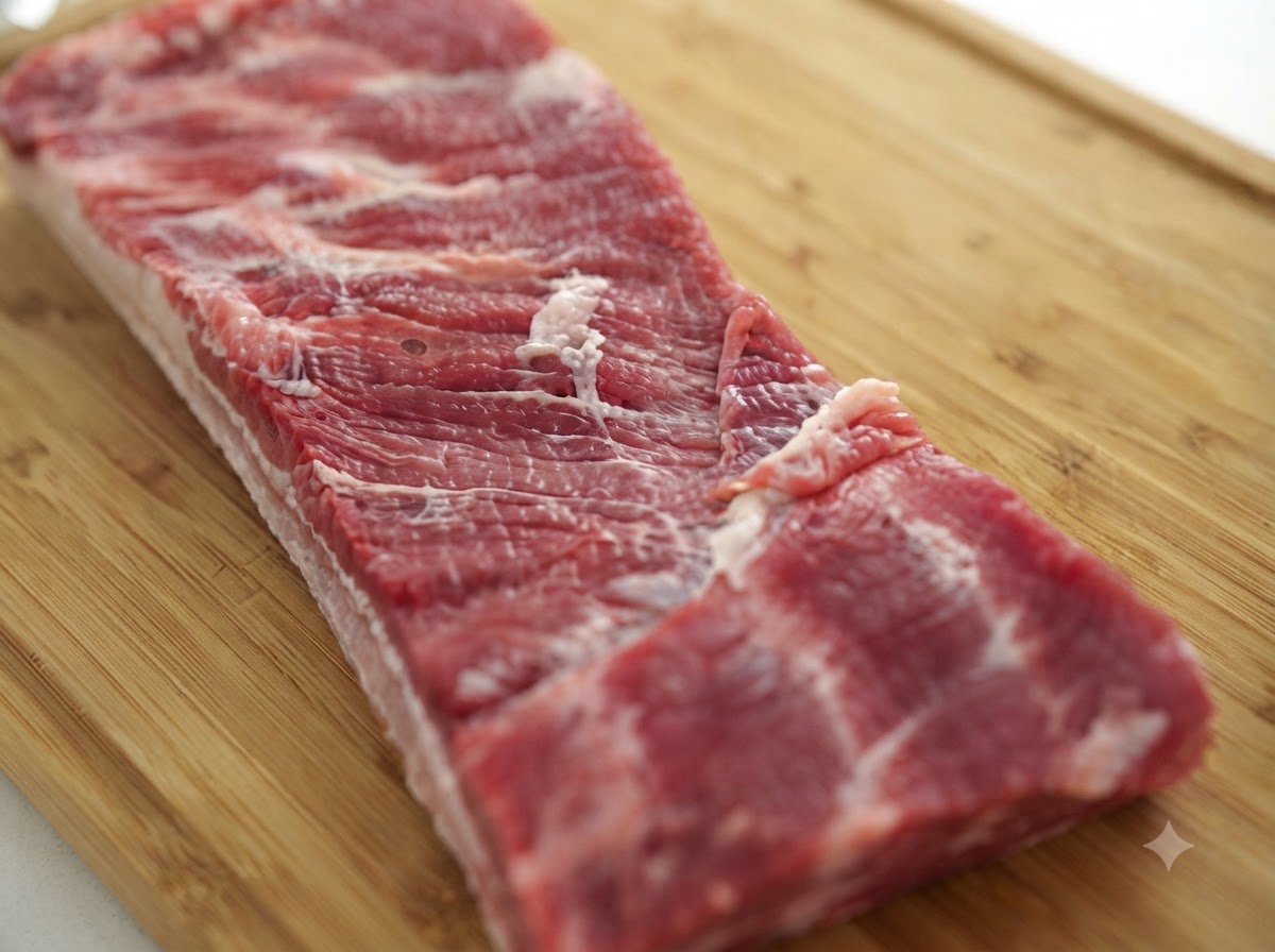 Un cilindro apretado de panceta de cerdo magra cruda enrollada sobre una tabla de cortar de bambú.