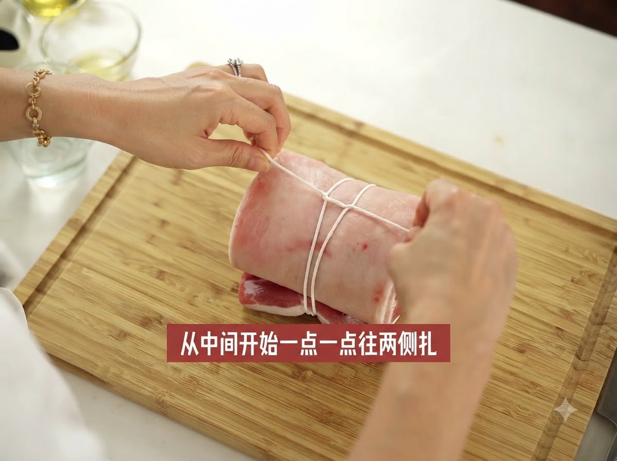 Un trozo enrollado de panceta de cerdo siendo atado de forma segura con hilo de cocina blanco a lo largo.