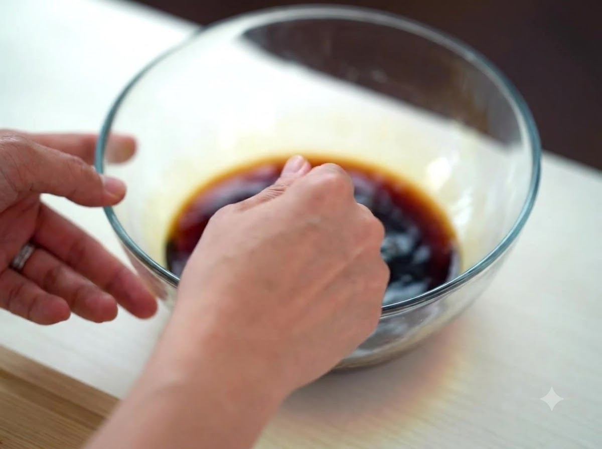 Una mano mezclando una salsa oscura a base de soja en un tazón de vidrio transparente.