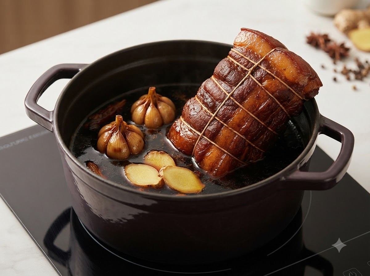 Una olla que contiene el rollo de cerdo sellado, dientes de ajo, rodajas de jengibre y líquido de estofado oscuro.