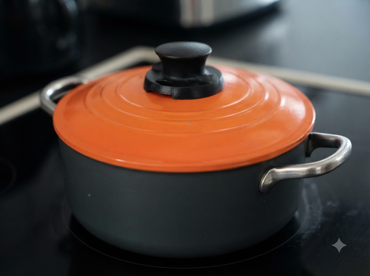 Una olla holandesa naranja con tapa colocada sobre una estufa o superficie de calor.