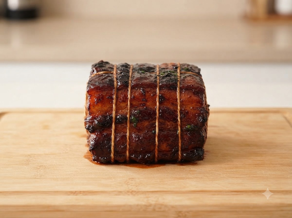 Un cuchillo afilado cortando un rollo de cerdo chashu firme y frío en una tabla de cortar de madera, revelando capas ordenadas de carne y grasa.