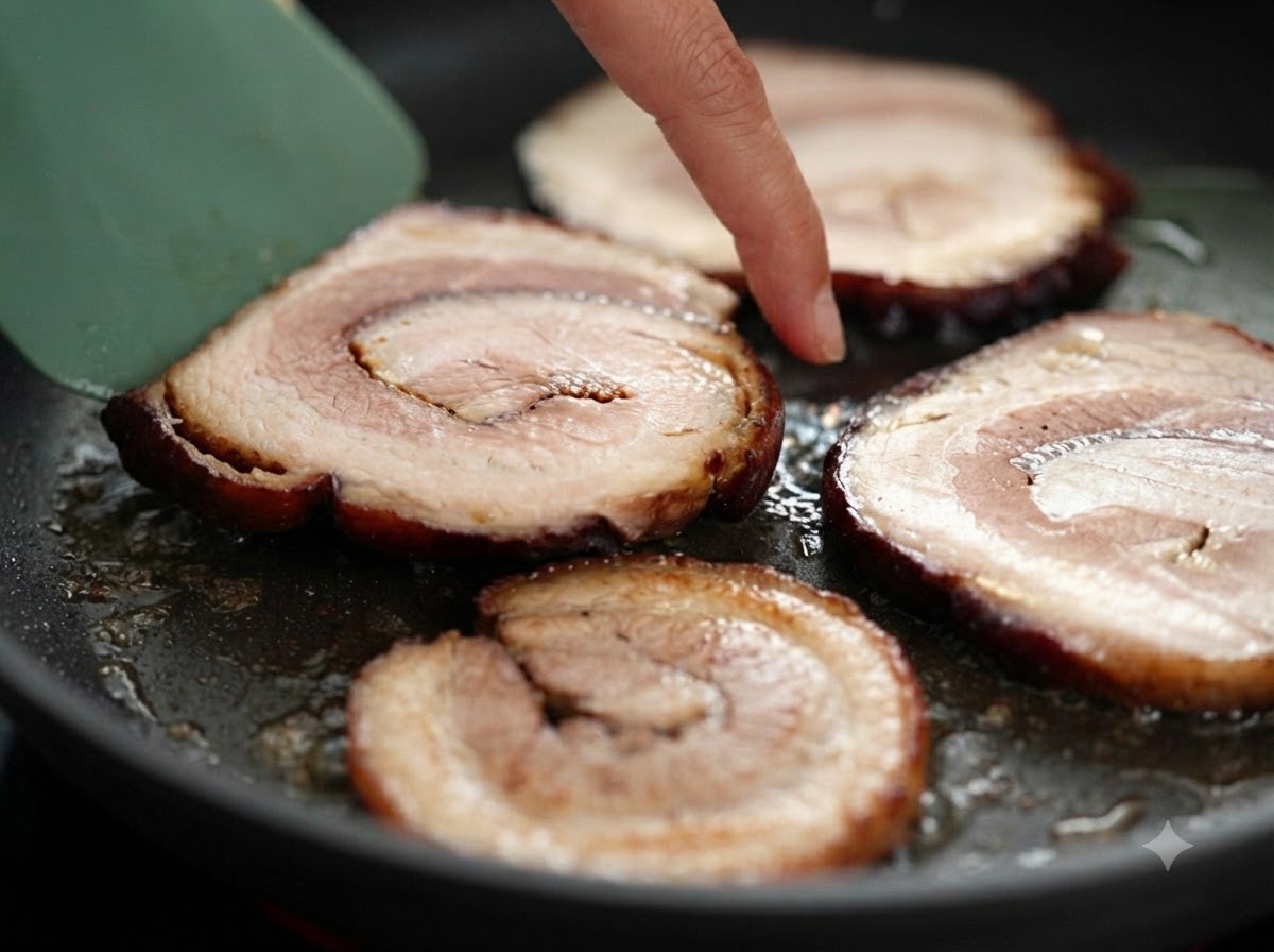 Rodajas circulares gruesas de panceta de cerdo chashu chisporroteando en una sartén mientras se revisan con un dedo.