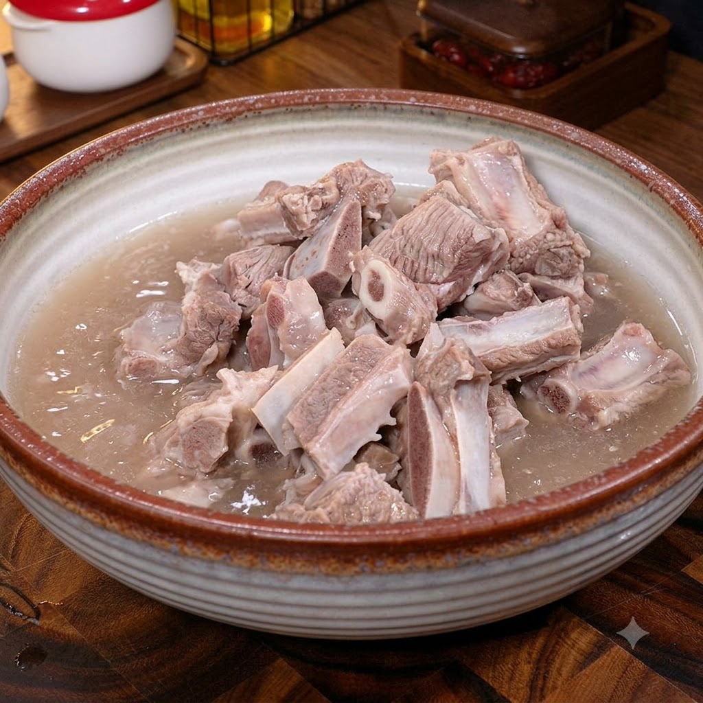 Trozos de carne de res remojándose y siendo enjuagados en un bol de cerámica grande con agua.