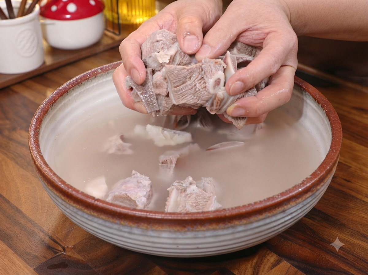 Manos colocando trozos de carne blanqueados en una sartén que contiene jengibre, cebollinos y especias.