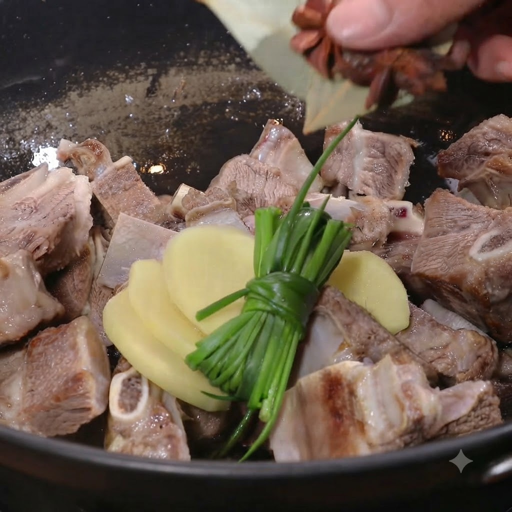 Rodajas de jengibre, cebollinos atados y anís estrellado siendo añadidos a una sartén con aceite.