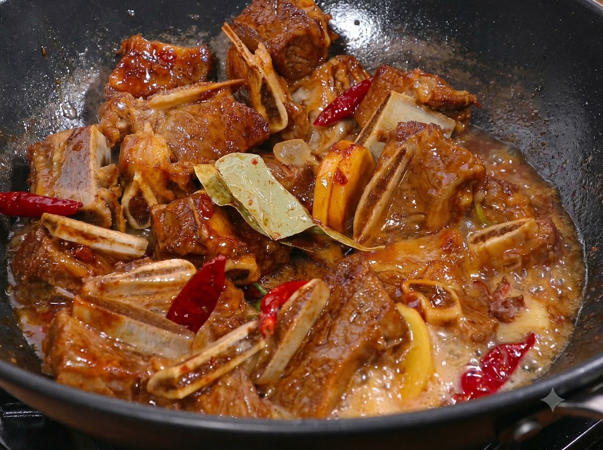 Trozos de carne siendo cubiertos con salsa de soja y especias cociéndose a fuego lento en un wok.