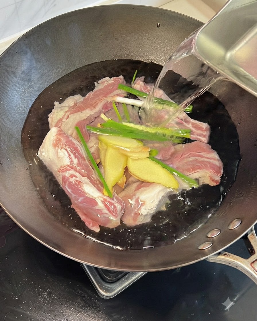 Costillas de res crudas en un wok con agua, rodajas de jengibre y tallos de cebollino.