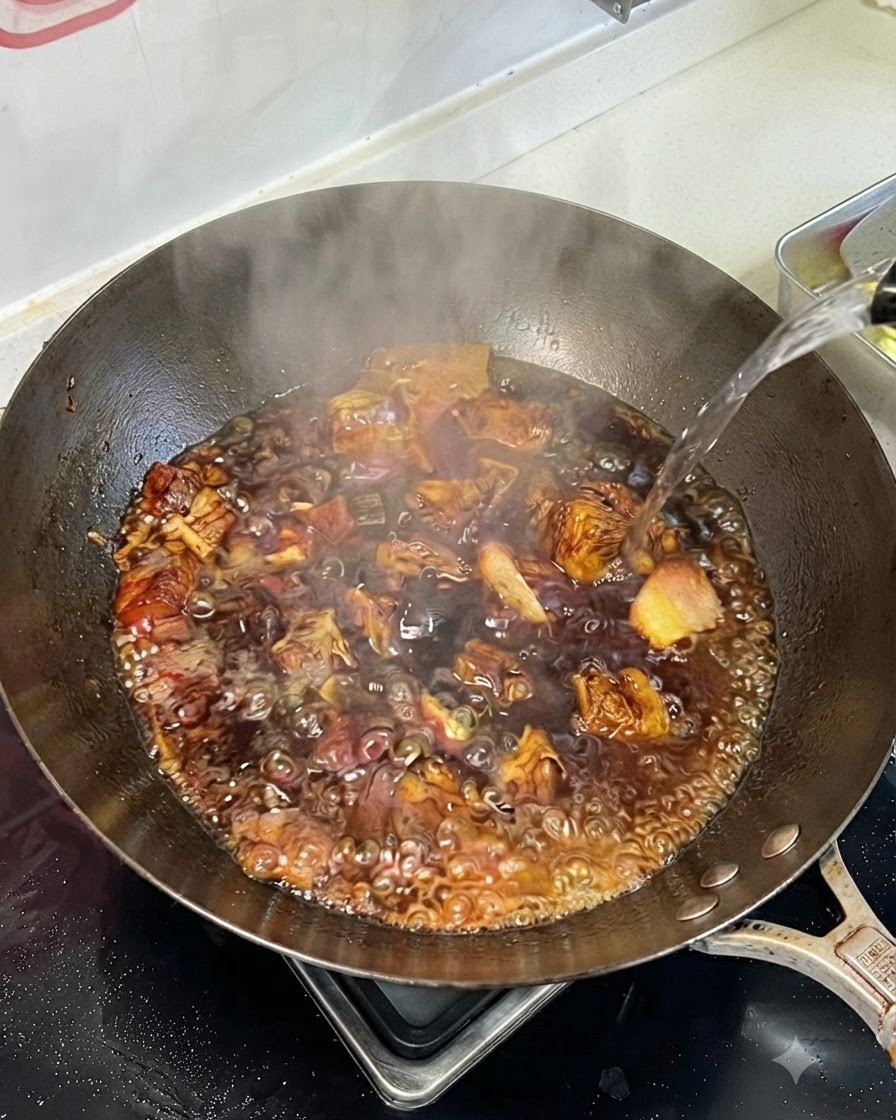 Agua caliente siendo vertida desde un recipiente en un wok burbujeante que contiene carne y salsa de estofado oscura.