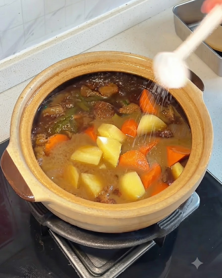 Sal siendo esparcida desde una cuchara en una cazuela de barro llena de carne, patatas y zanahorias antes de taparla.