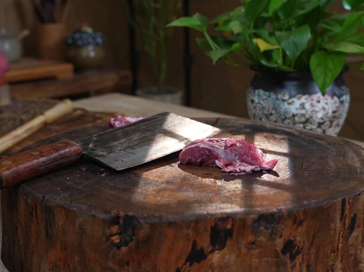 Un cuchillo grande de carnicero descansando sobre una tabla de cortar de madera junto a un trozo de costilla de res cruda recién cortada.