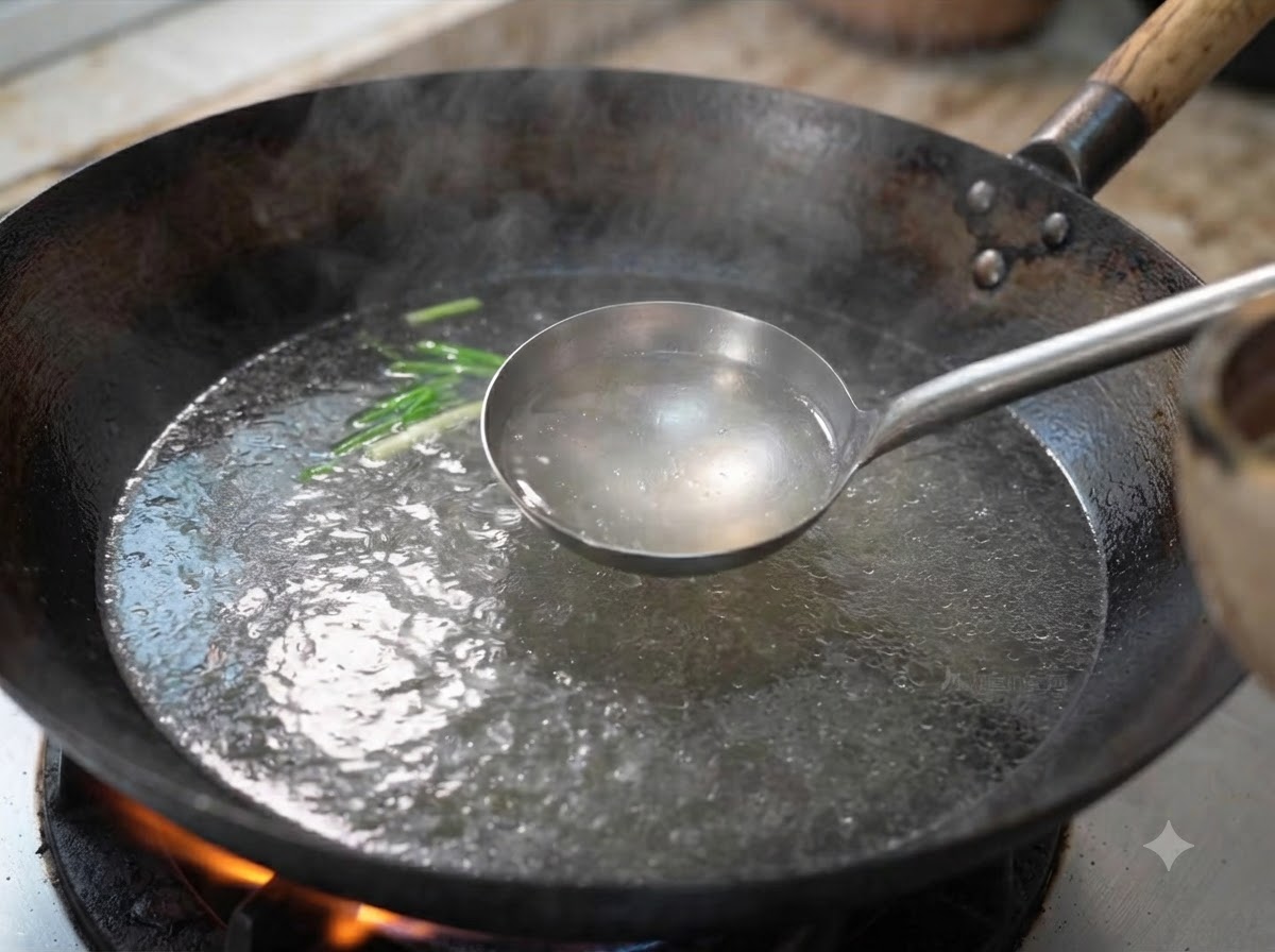 Un cucharón retirando la espuma del agua hirviendo en un wok donde se están blanqueando las costillas de res.