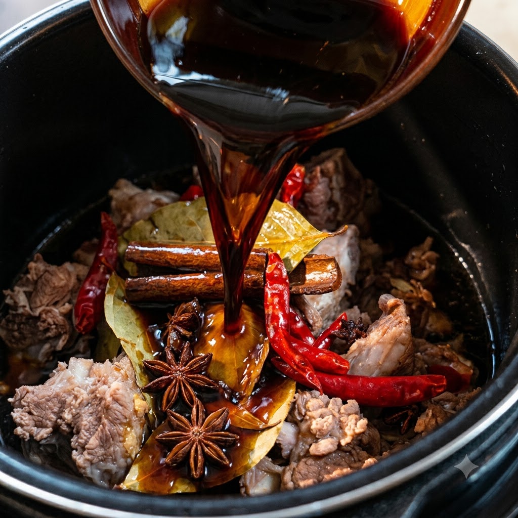Salsa oscura siendo vertida desde un tazón sobre anís estrellado, canela, chiles secos y costillas de res en una olla a presión.