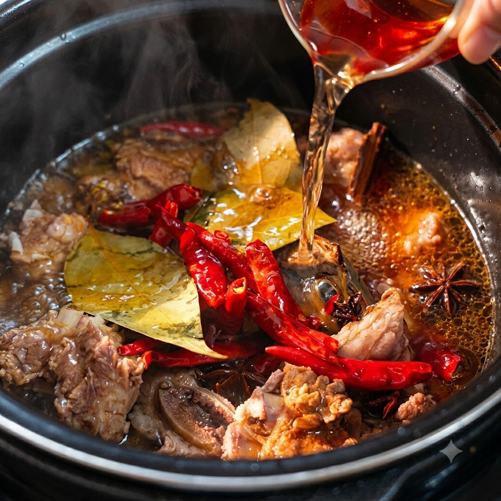 Vertiendo líquido en la olla a presión que contiene las costillas de res, especias y chiles rojos secos.
