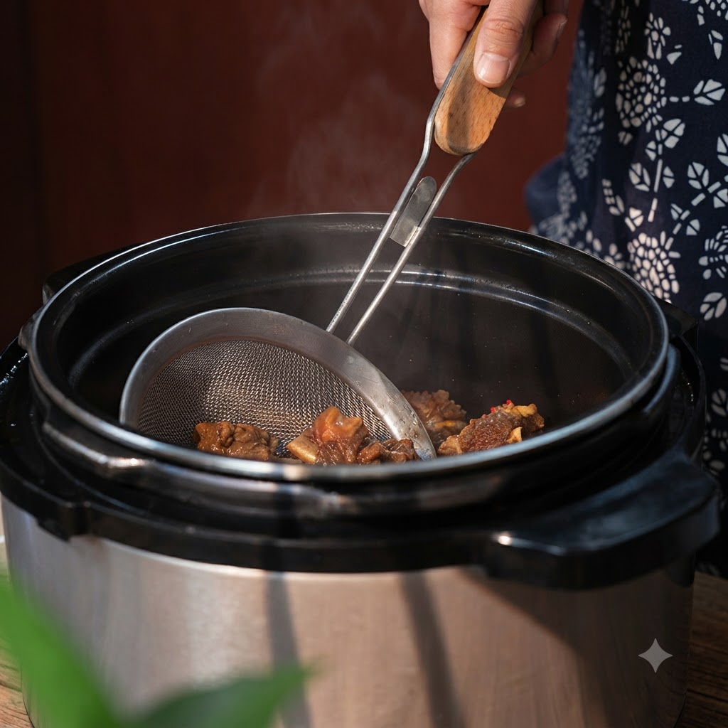 Un colador levantando las costillas de res cocidas fuera de una olla a presión llena de caldo oscuro.