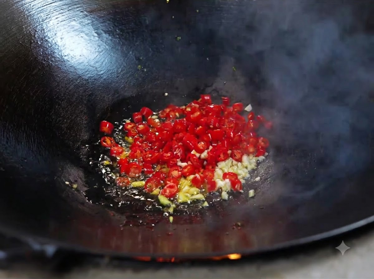 Ajo picado y chiles rojos frescos friéndose en aceite caliente dentro de un wok.