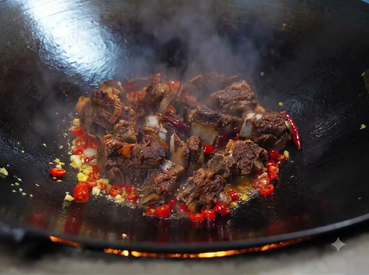 Costillas de res cocidas añadidas a un wok que contiene ajo frito y chiles rojos.