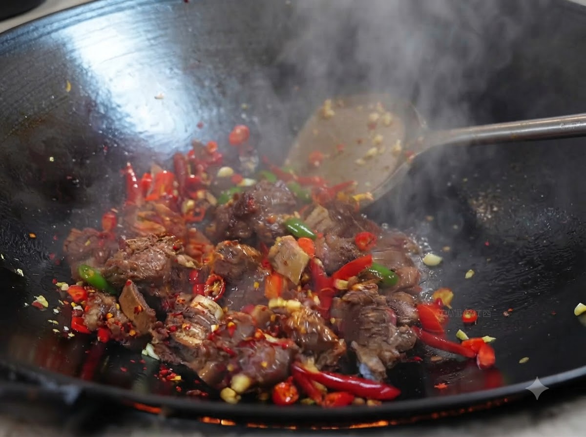 Costillas de res siendo salteadas con chile en polvo y sazonadores en un wok a fuego alto.